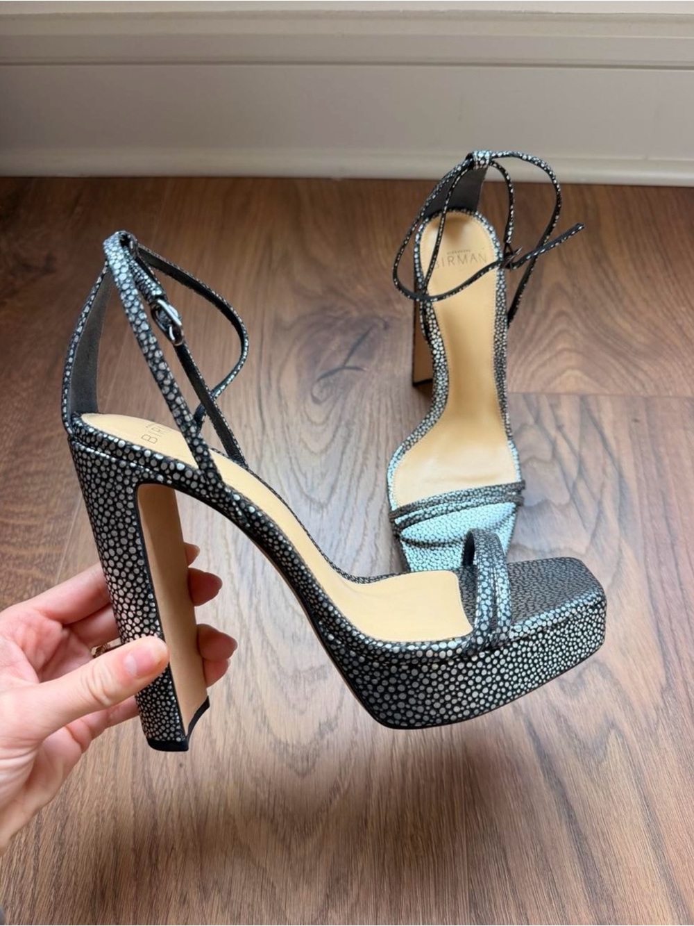 Alexandre Birman Black and White Speckle Platform Ankle-Strap Sandals